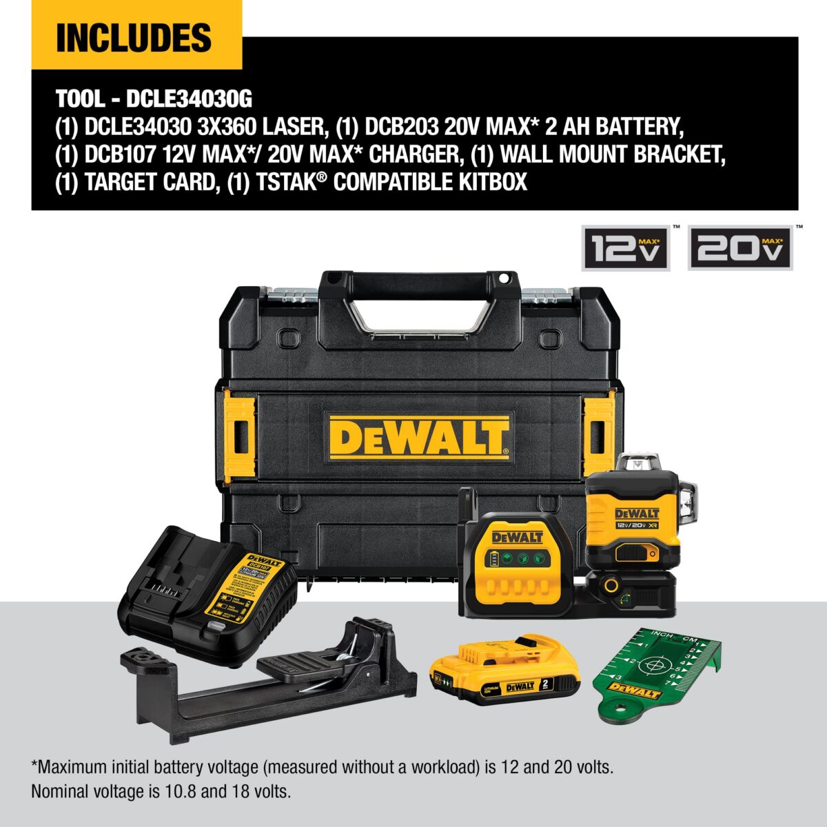 DEWALT 20V/12V MAX Laser Level Kit, 3 x 360, Green (DCLE34030G) (New)