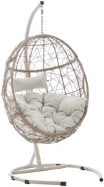 Crosley Cleo Wicker Hanging Egg Chair with Stand, Light Brown, Sand Cushions (New)