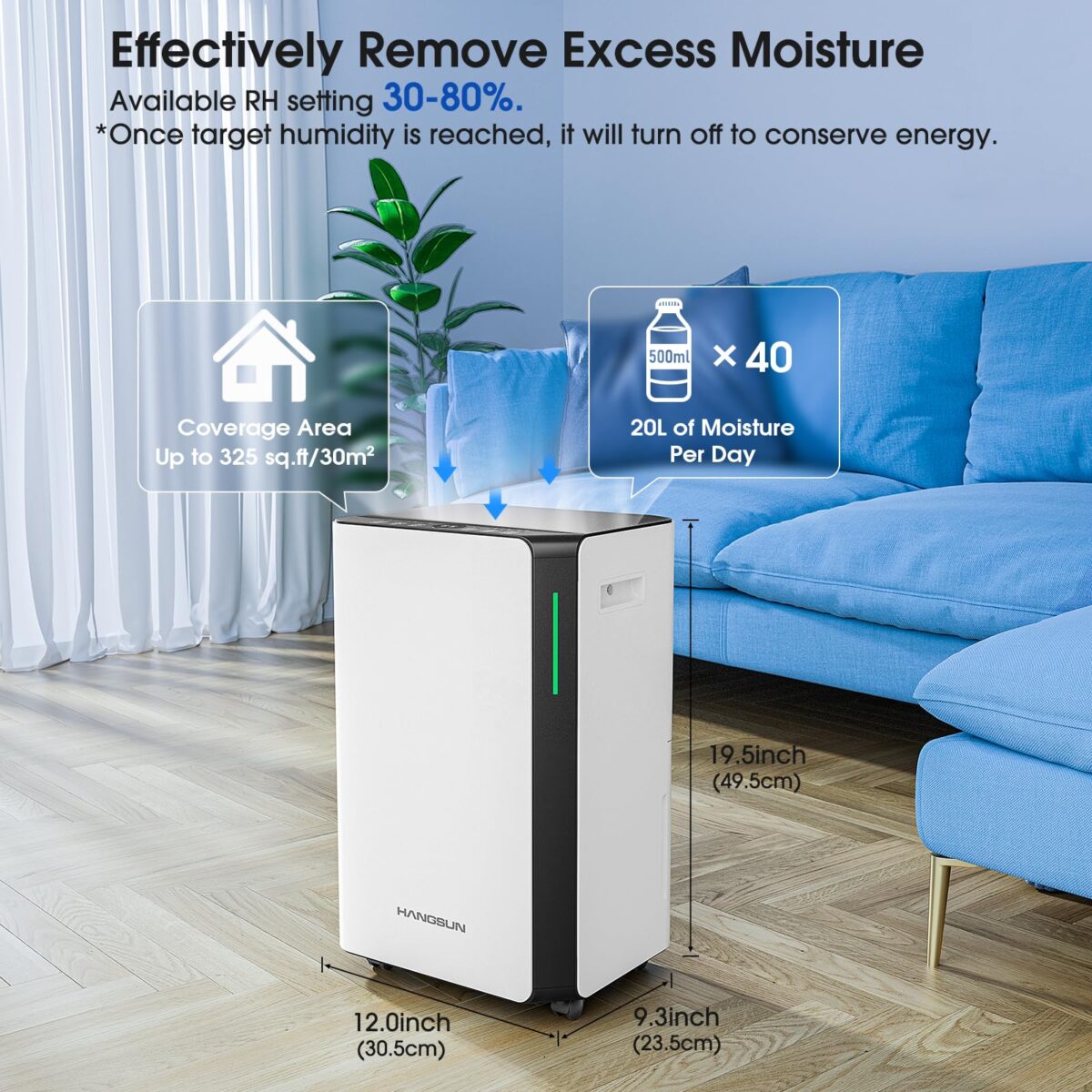 Hangsun 20L/Day Dehumidifier, Digital Display, Continuous Drainage. (New)