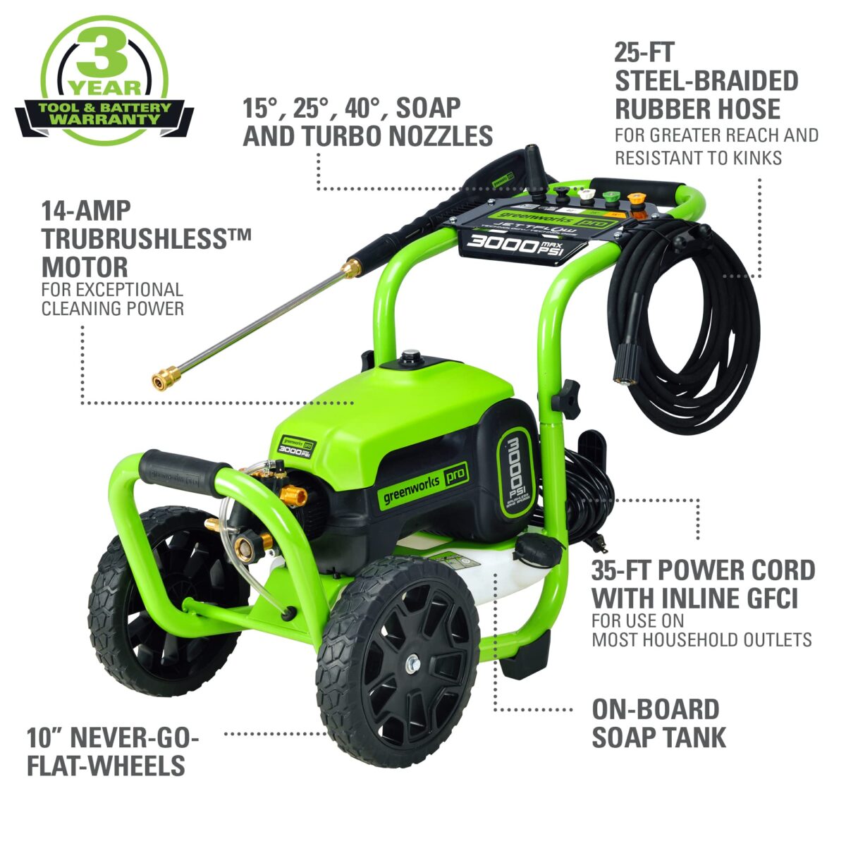 Greenworks 3000 PSI (1.1 GPM) TruBrushless Electric Pressure Washer (PWMA Certified) (New)