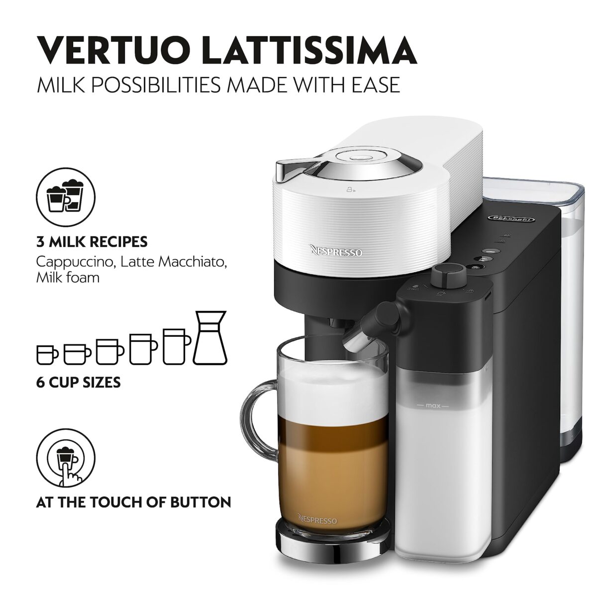 De'Longhi Nespresso Vertuo Lattissima, Automatic Coffee Machine, Milk Frother, Matt White (New)