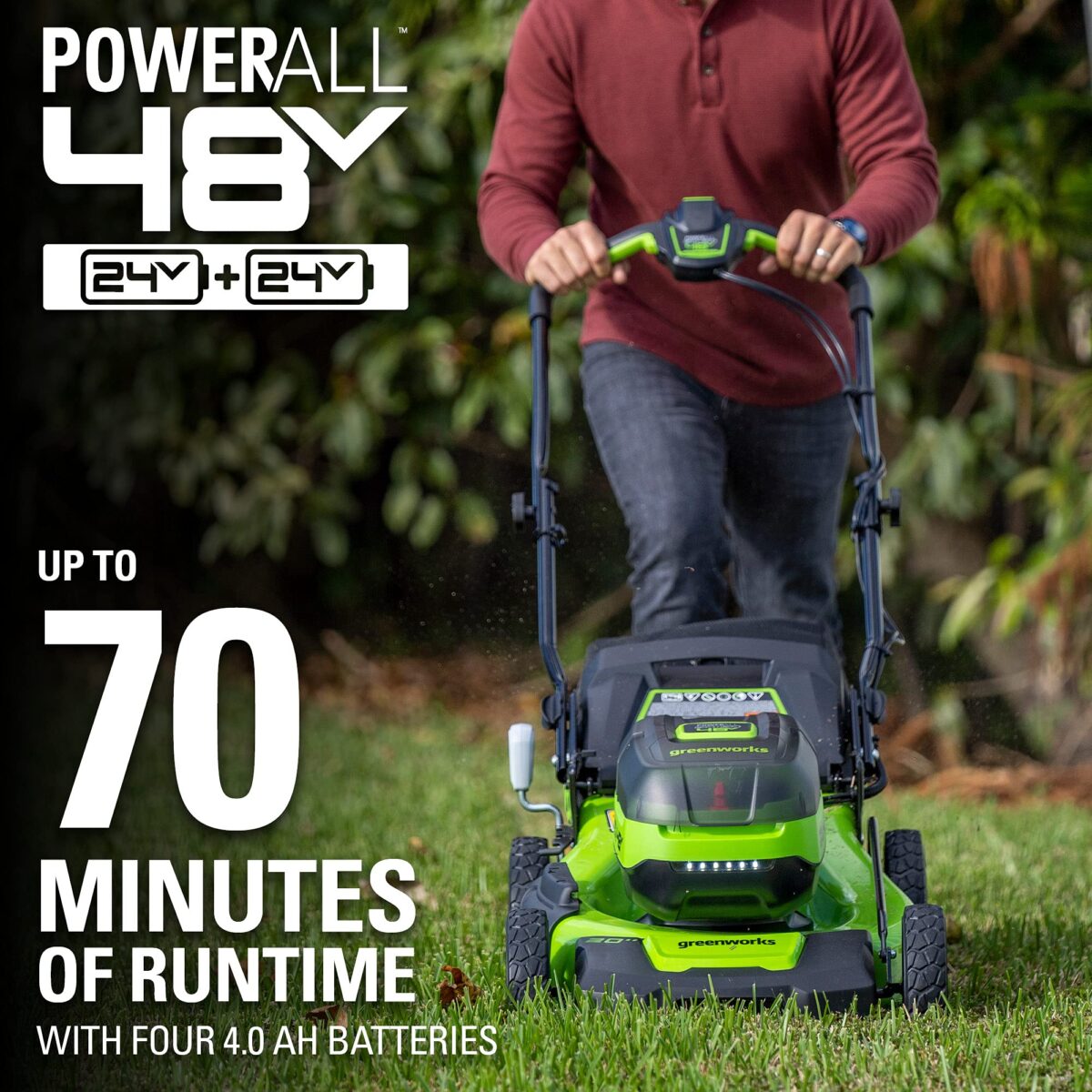 Greenworks 48V 21" Brushless Self-Propelled Lawn Mower, Blower, (4) 4.0Ah Batteries. (New)