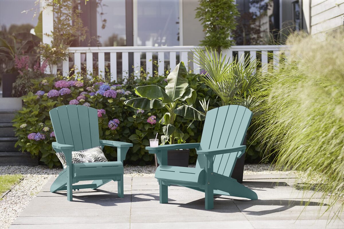 Keter Alpine Adirondack Chairs (2-Pack): Resin, Cup Holders, Teal, Outdoor. (New)