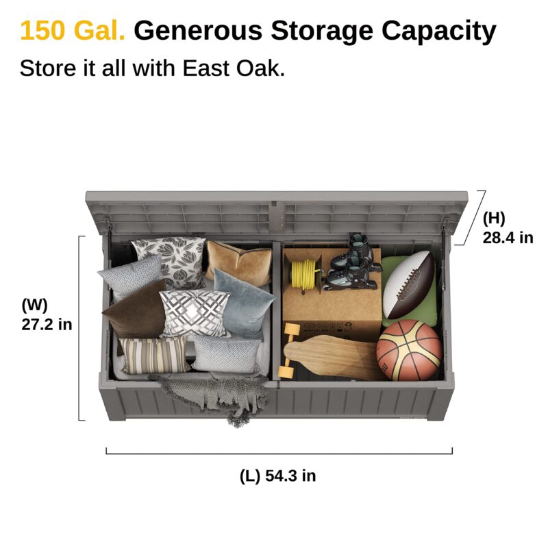 EAST OAK 150 Gallon Outdoor Storage Box: Resin, Lockable, Grey (New)