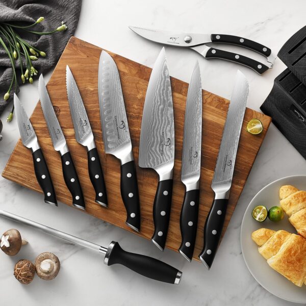 Damascus 15-Piece Knife Set, Japanese Steel, Wooden Block, Black (New)