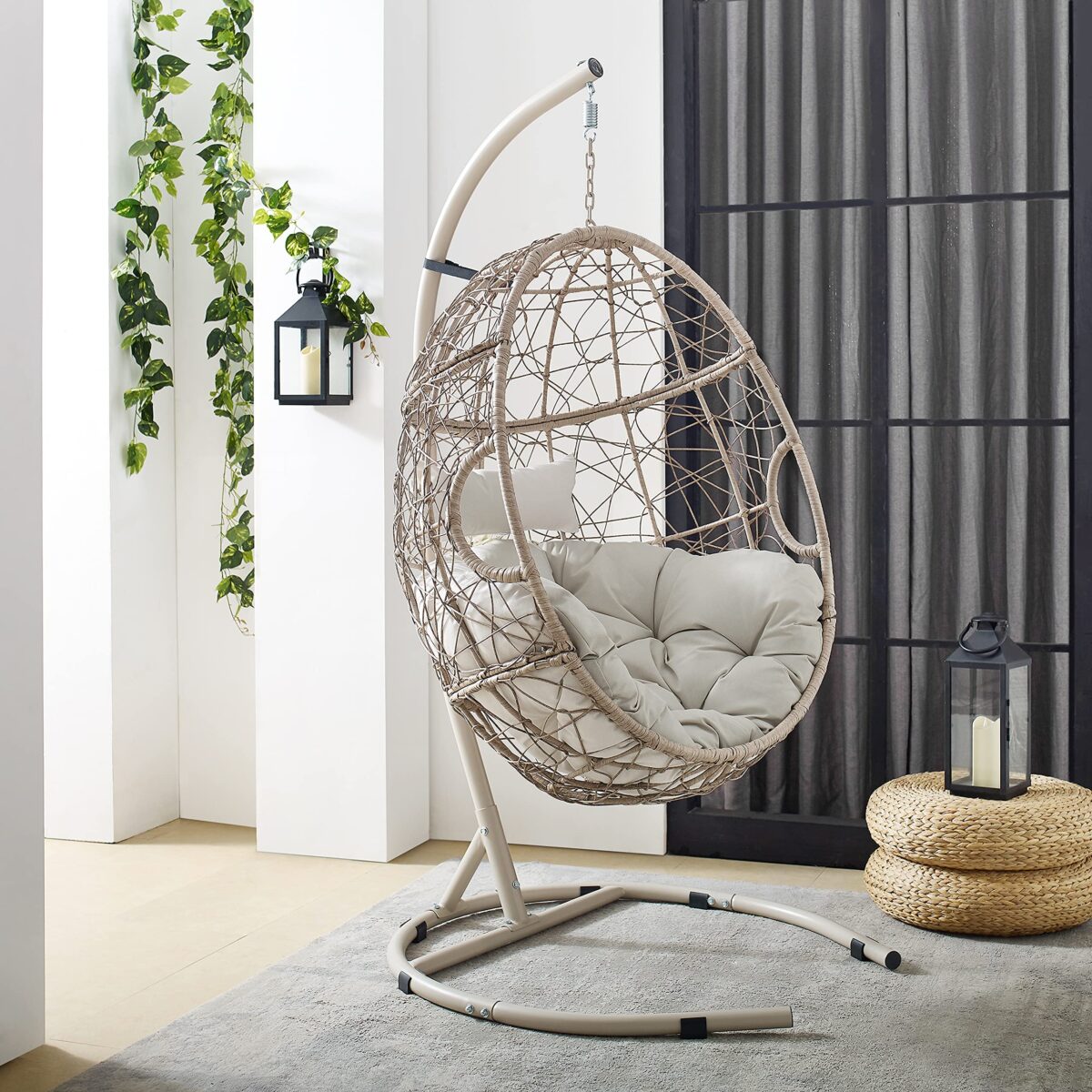 Crosley Cleo Wicker Hanging Egg Chair with Stand, Light Brown, Sand Cushions (New)