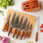 Damascus Kitchen Knife Set, VG10 Steel, Wooden Handle, Beech Block, Red (New)