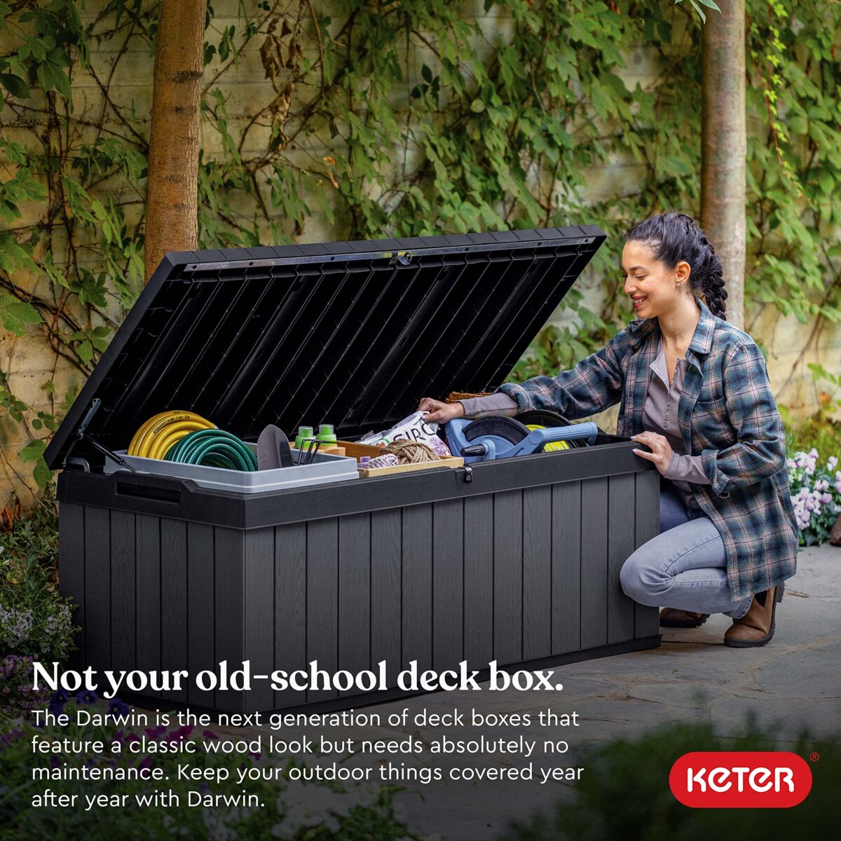 Keter Darwin 100-Gallon Deck Box: Storage for Patio, Cushions, Tools (New)