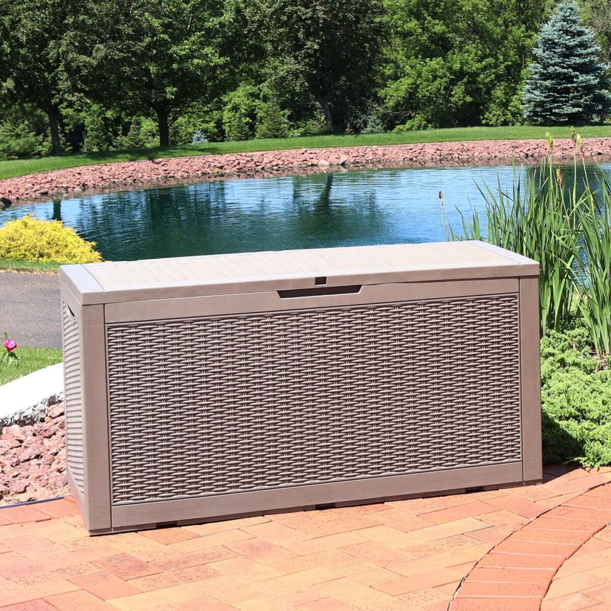 100 gal Faux Rattan Patio Storage Box with Handles Gray (New)