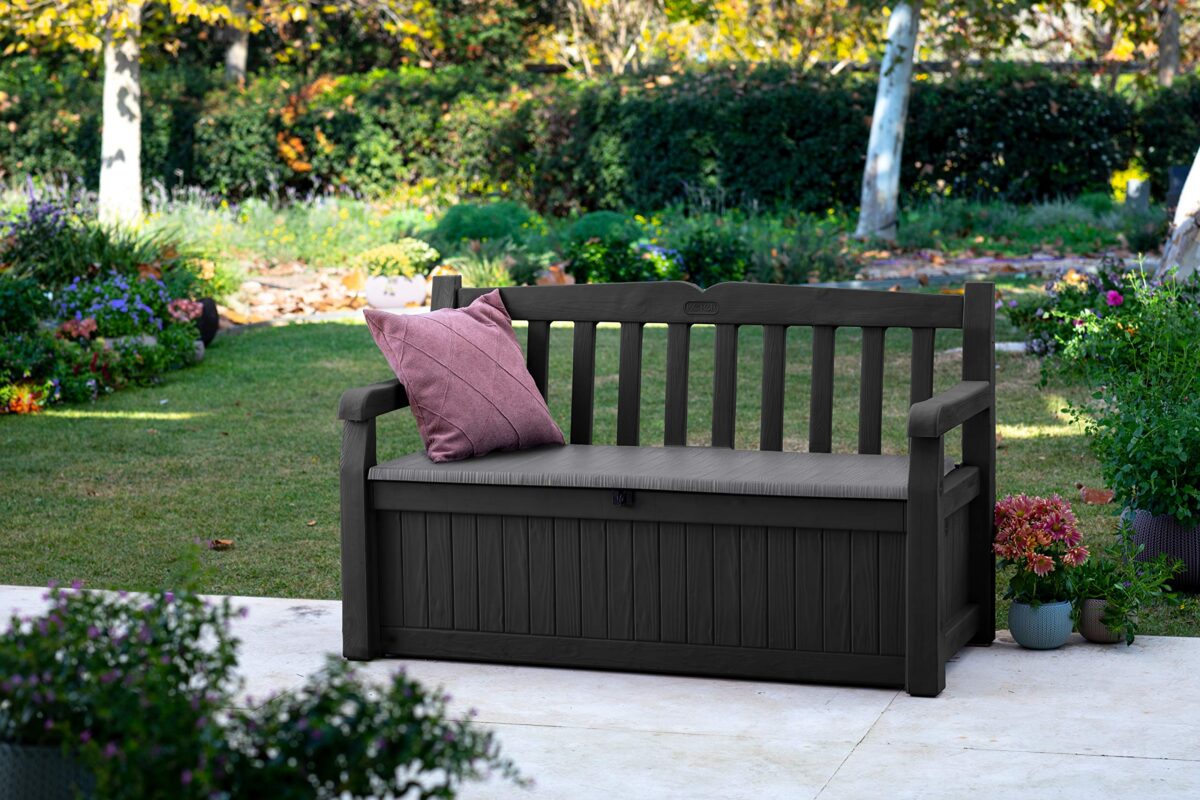 Keter Eden Bench 265L Outdoor 60% recycled Garden Furniture Storage Box Graphite & Light Grey (New)