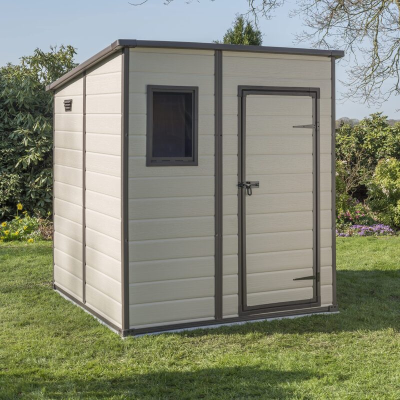 Keter Manor 6x6 Pent Shed: Single Door, Wood Effect, Fade-Free, 15-Year Warranty (New)